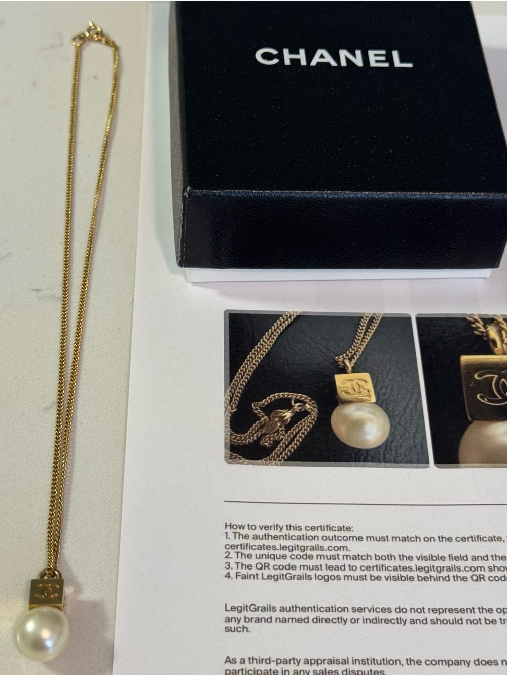 CHANEL Gold Tone Chain Necklace with Pearl Pendant